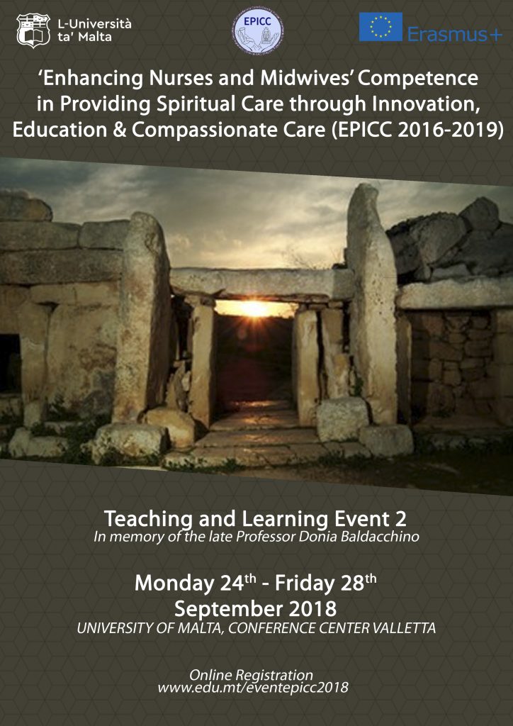 Poster advertising the second Learning, Teaching and Training Event for the EPICC project held in Malta in September 2018